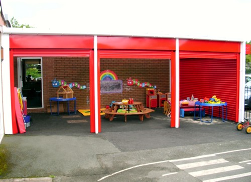 The Coniston Wall Mounted Canopy with Secure Roller Shutters Installed at Middlewich Primary School in Cheshire