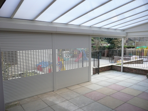 Tiny Hearts Day Nursery, Liverpool, Merseyside - Wall Mounted Canopy with Secure Roller Shutters